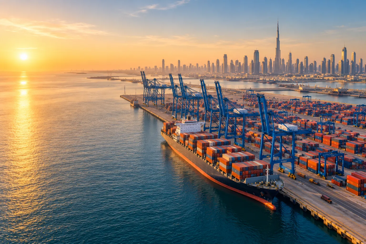 A container ship berthed at a Dubai port at sunrise, with blue cranes and the city skyline behind.