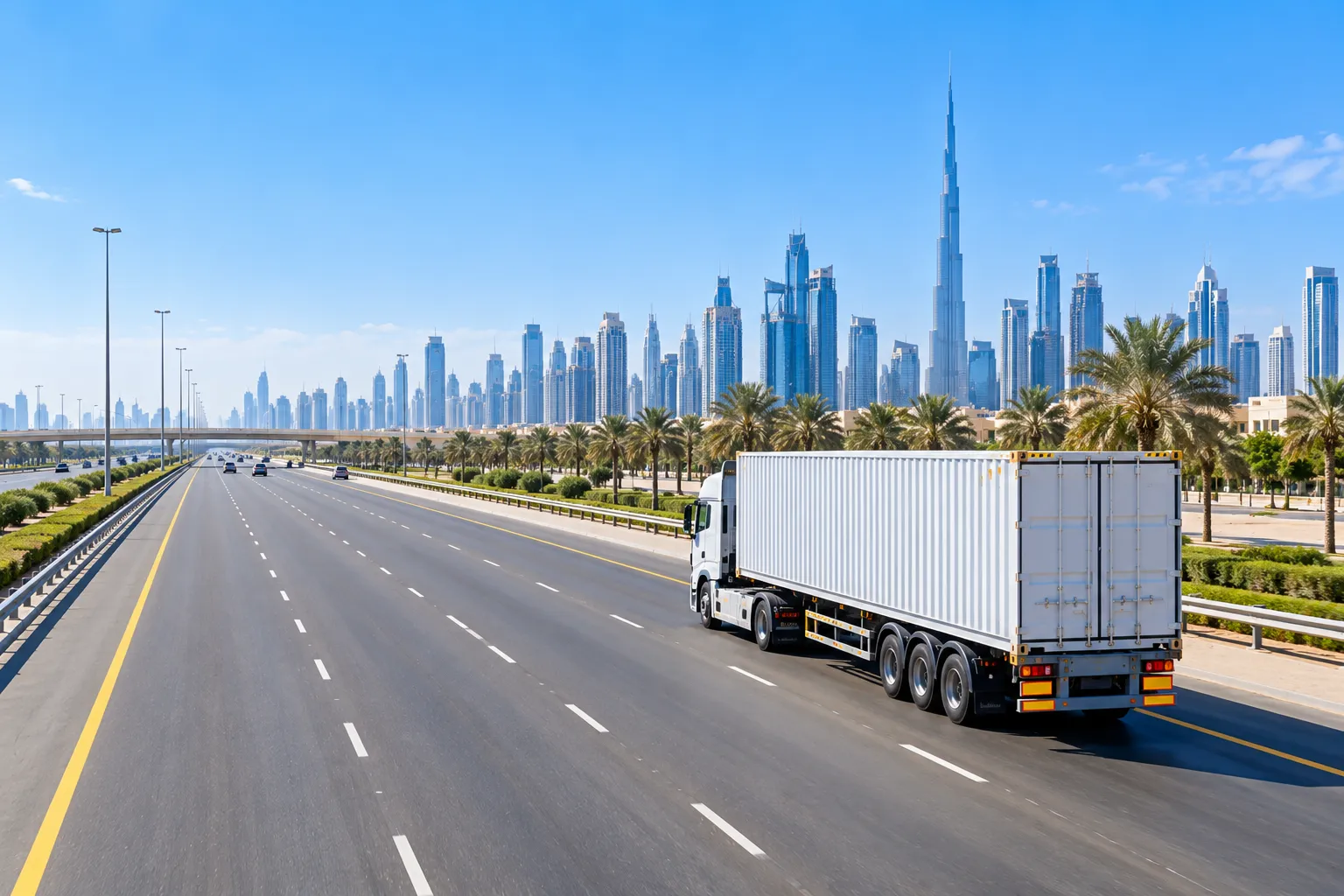 A white container truck drives along a Dubai highway with the city skyline behind it.