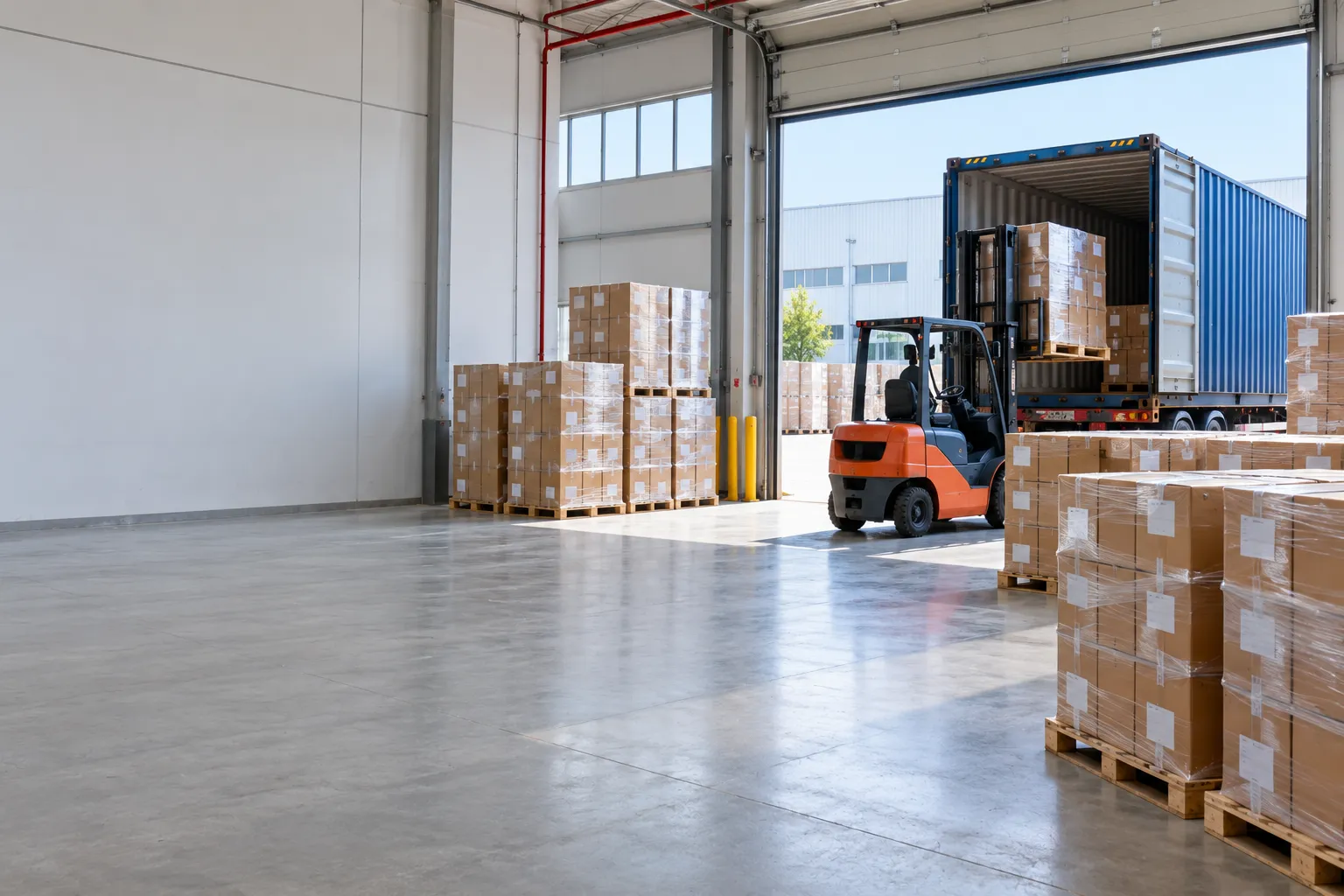 A forklift loads a pallet of cartons into a blue shipping container at a warehouse door.