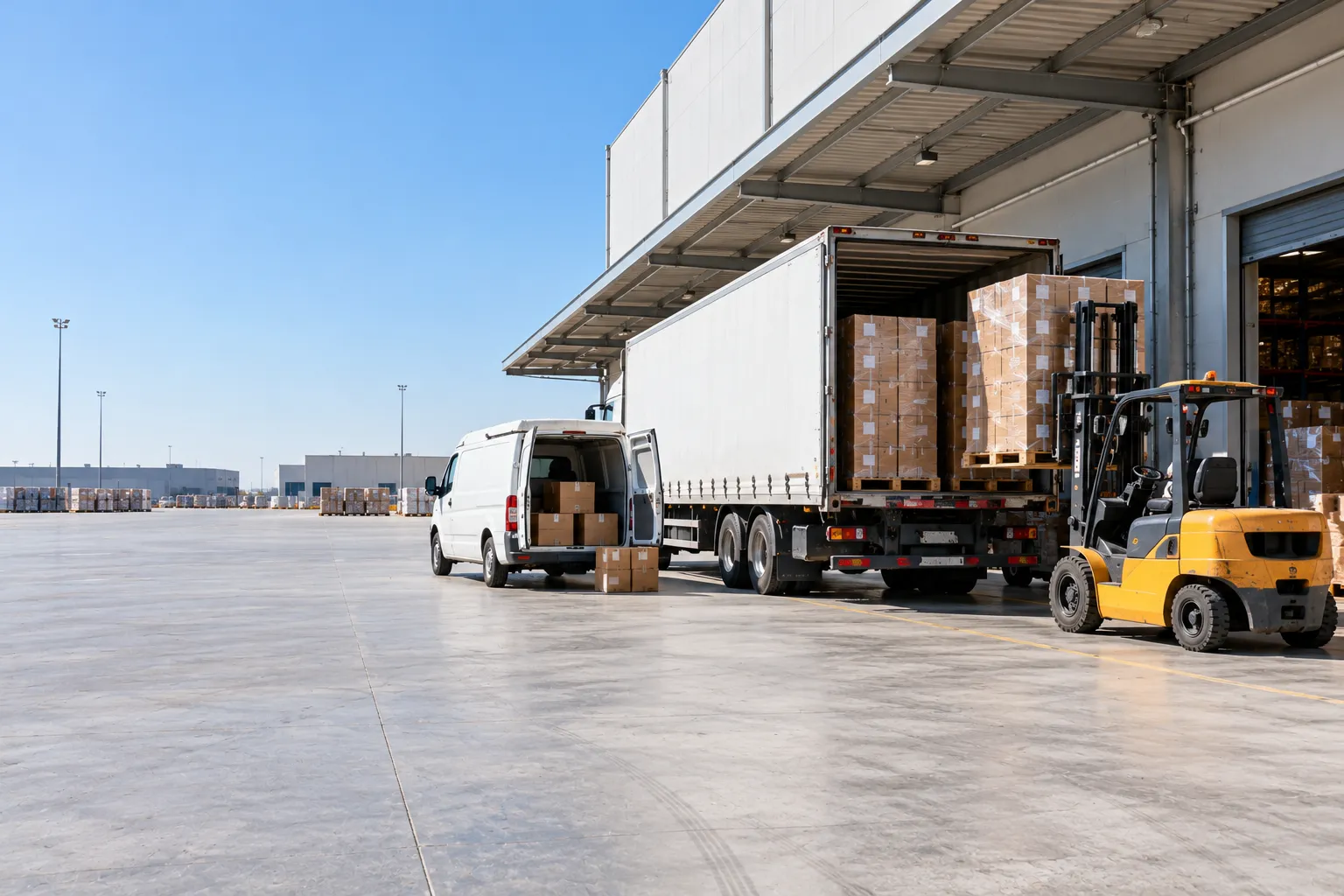A small van with a few parcels is parked beside a large truck that a forklift loads with full pallets.