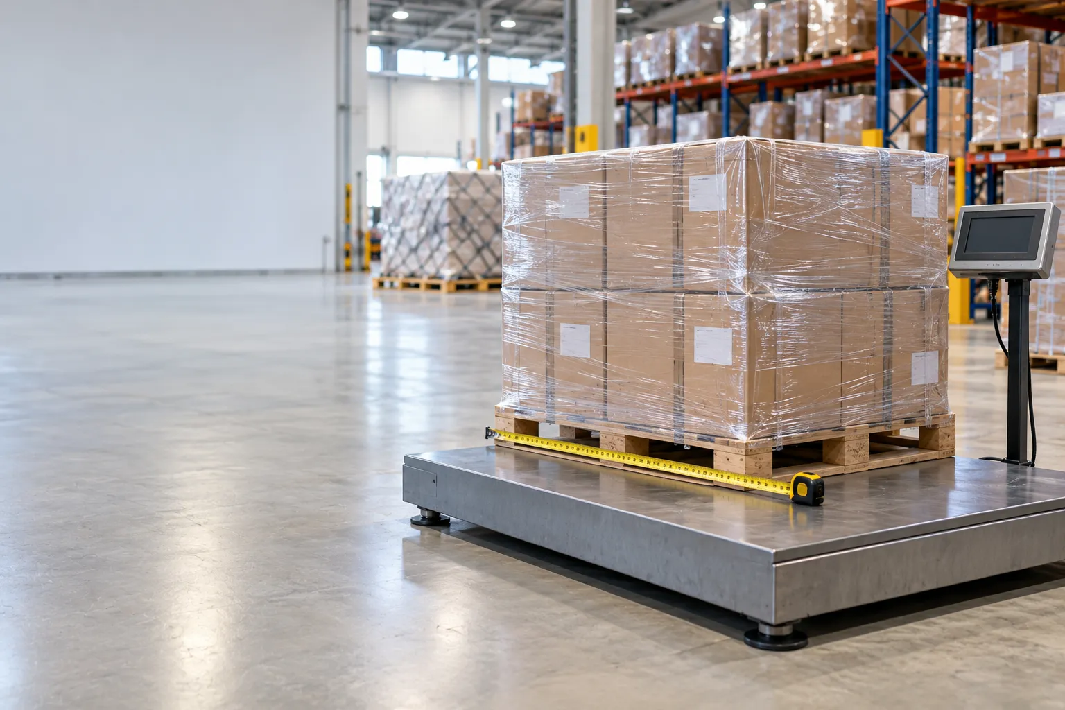 A wrapped pallet of cartons sits on a floor scale with a measuring tape laid along its base.