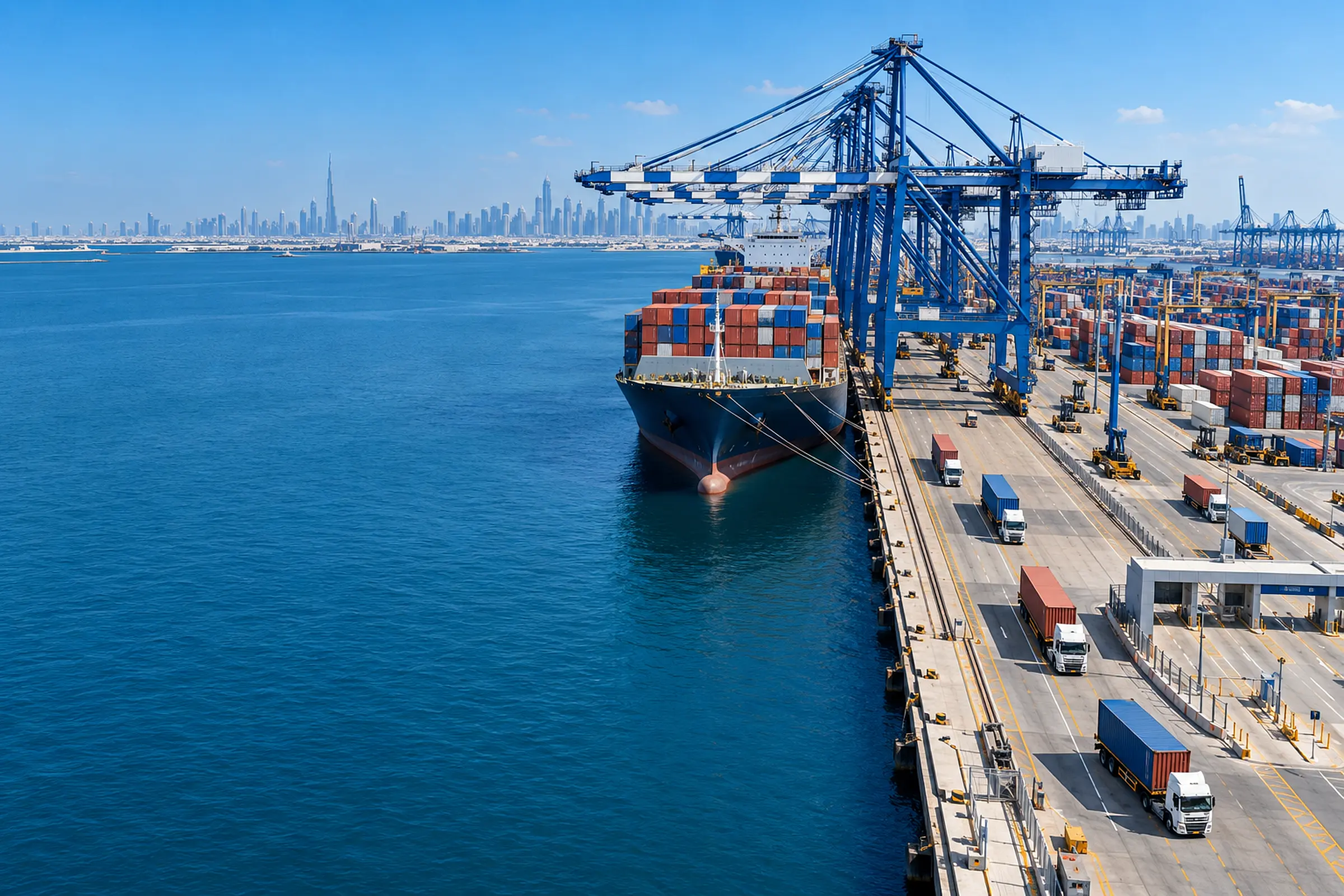 Container terminal at a Dubai port with cranes working a berthed ship.