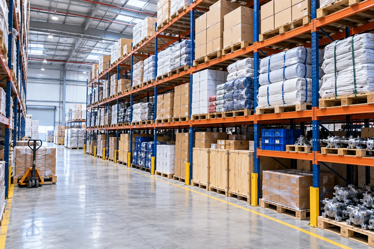 Tall racks of palletised trade goods in a Dubai warehouse.