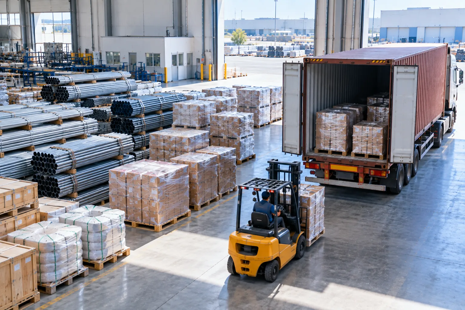 A forklift loads pallets into a container at a busy industrial warehouse.