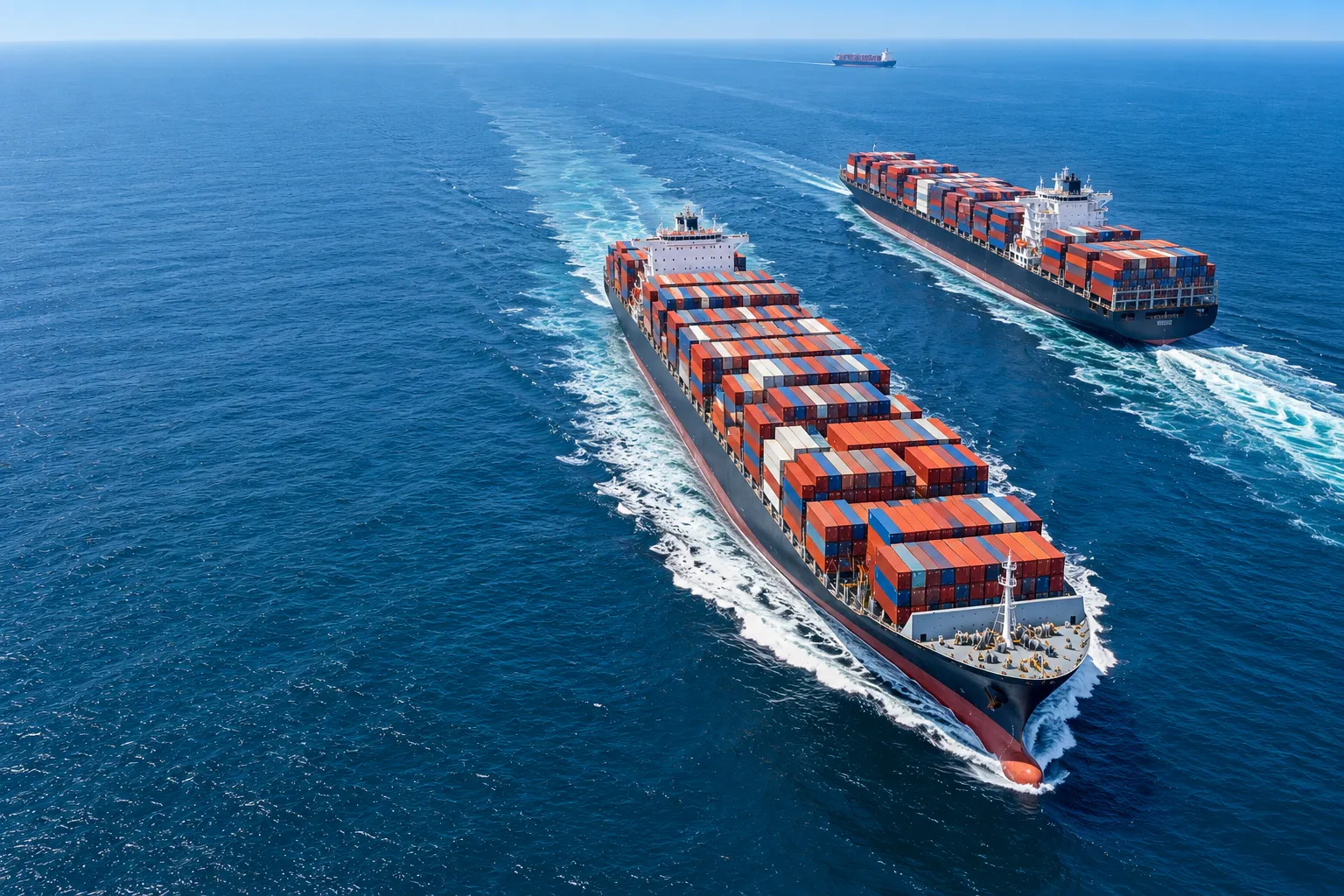 Two loaded container ships pass each other in open sea.