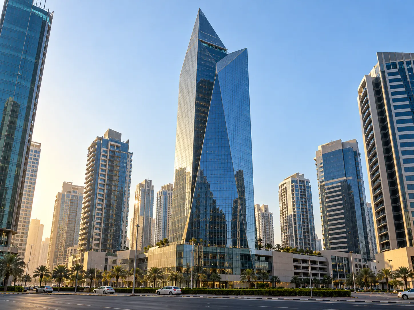 Illustration of a blue glass prism shaped office tower among high rises in Business Bay, Dubai.