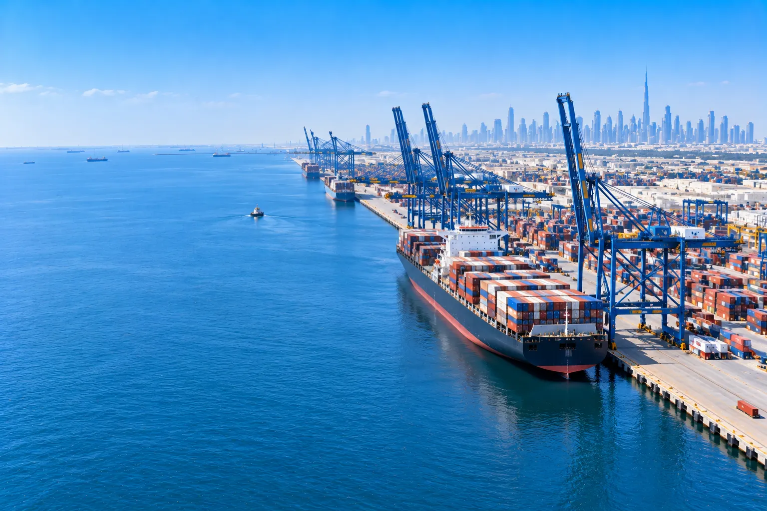 Aerial view of a Dubai container terminal with a cargo plane overhead and the city behind.