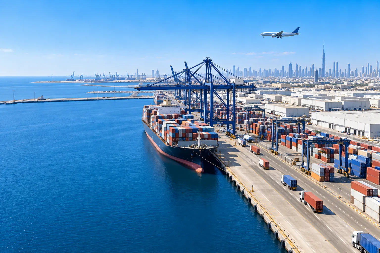 A container ship moored at a Dubai terminal while a cargo plane flies over the city skyline.