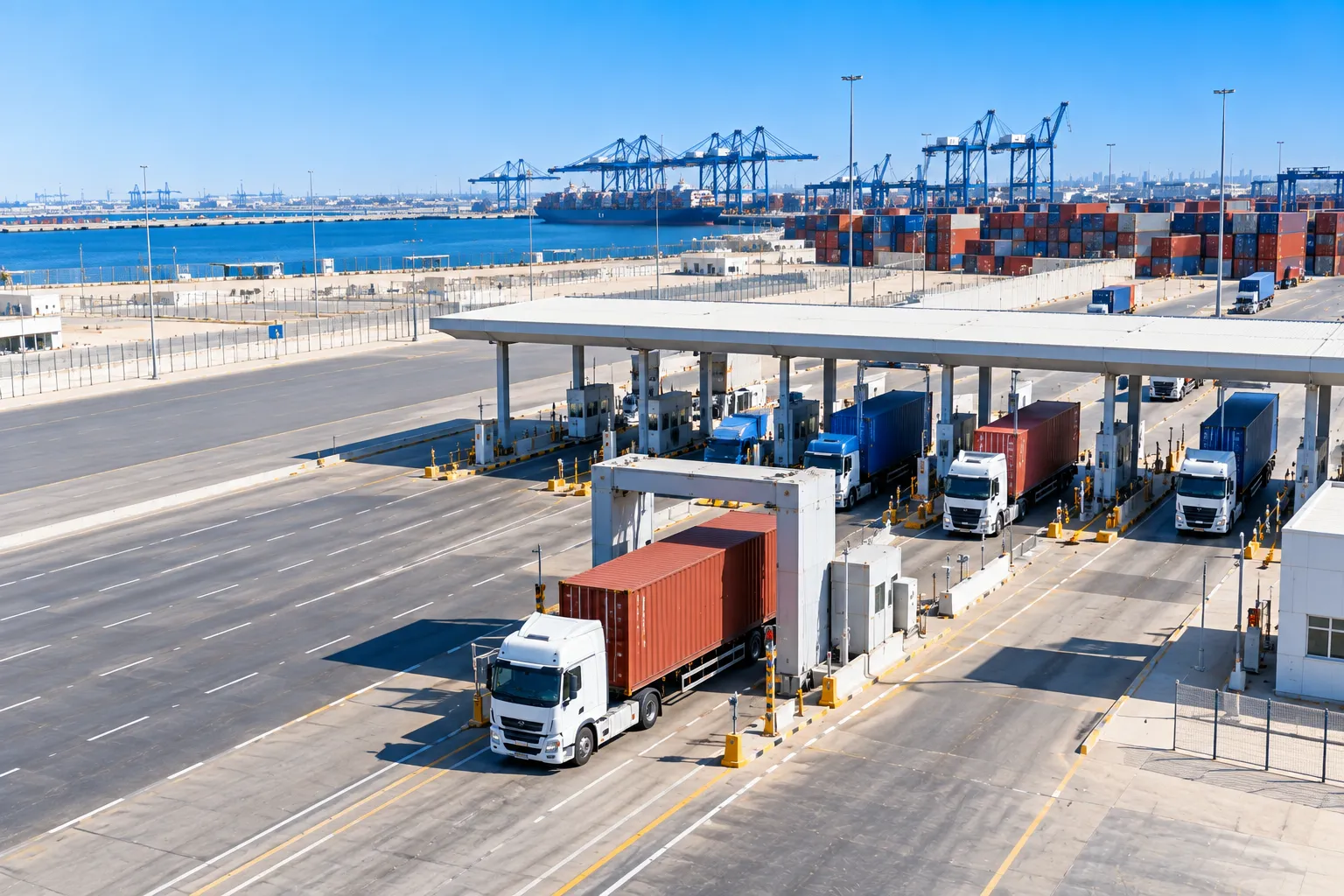 Container trucks pass through the gates of a UAE container port with cranes behind them.