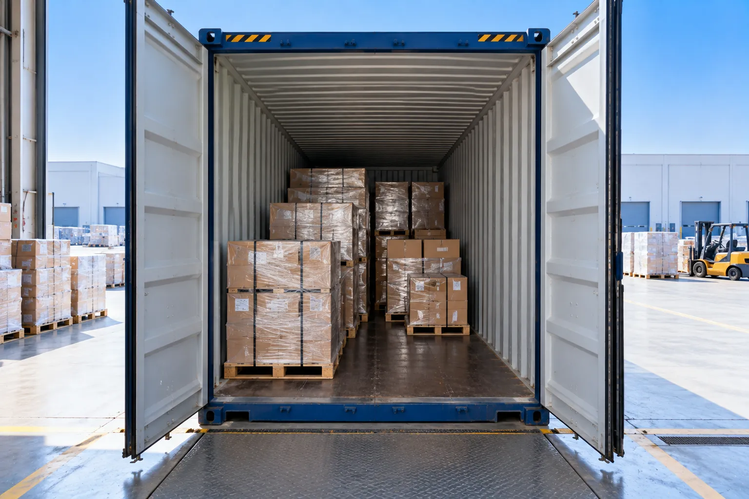 Pallets of cartons wrapped in film stand inside an open shipping container.