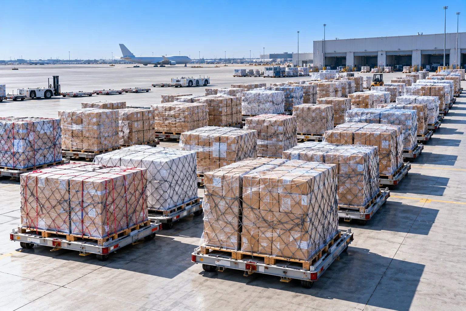A cargo plane is loaded from a lift while pallets wait on the apron.