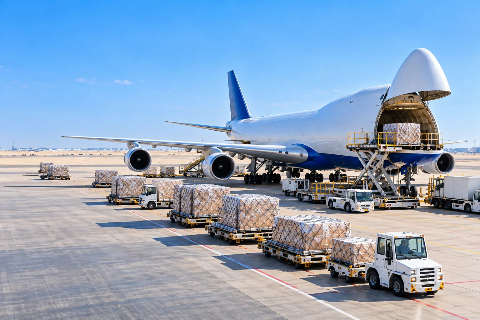 Netted cargo pallets wait on the apron beside a freighter with its nose door open.