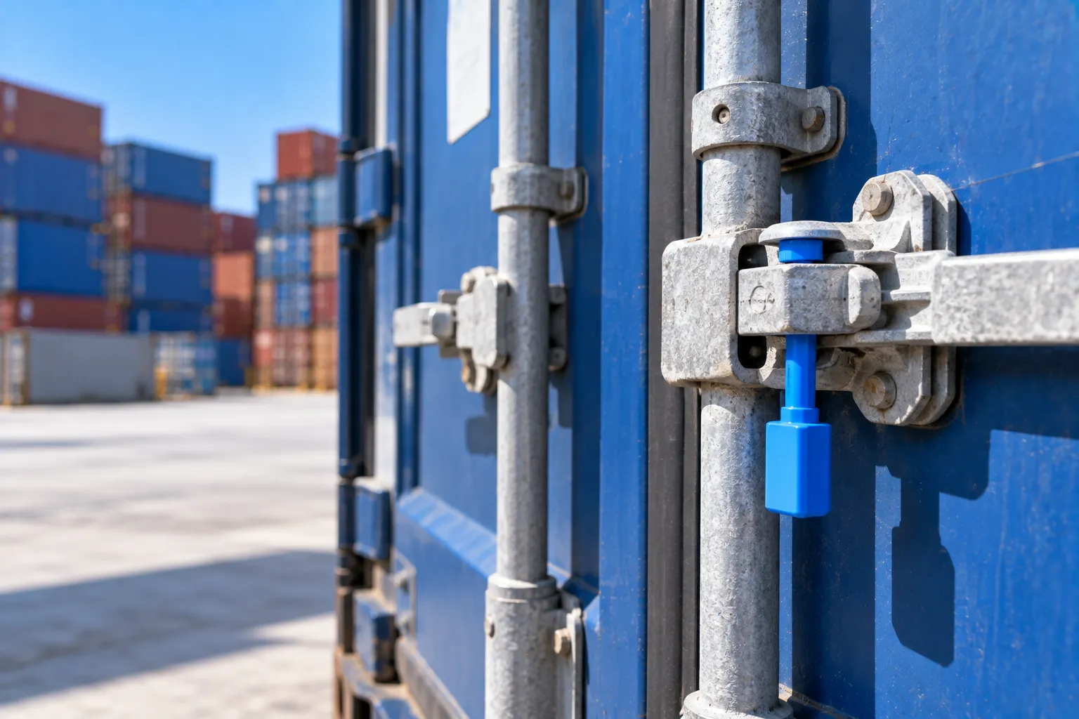 Close view of a blue container door locked with a bolt seal.