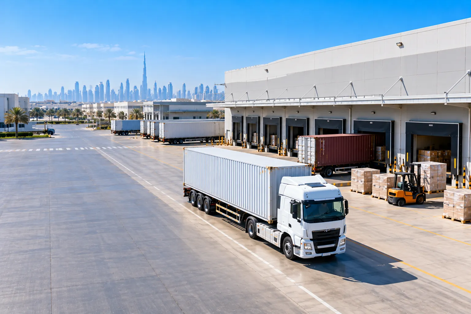 A white container truck waits at the loading docks of a Dubai warehouse with the skyline behind.