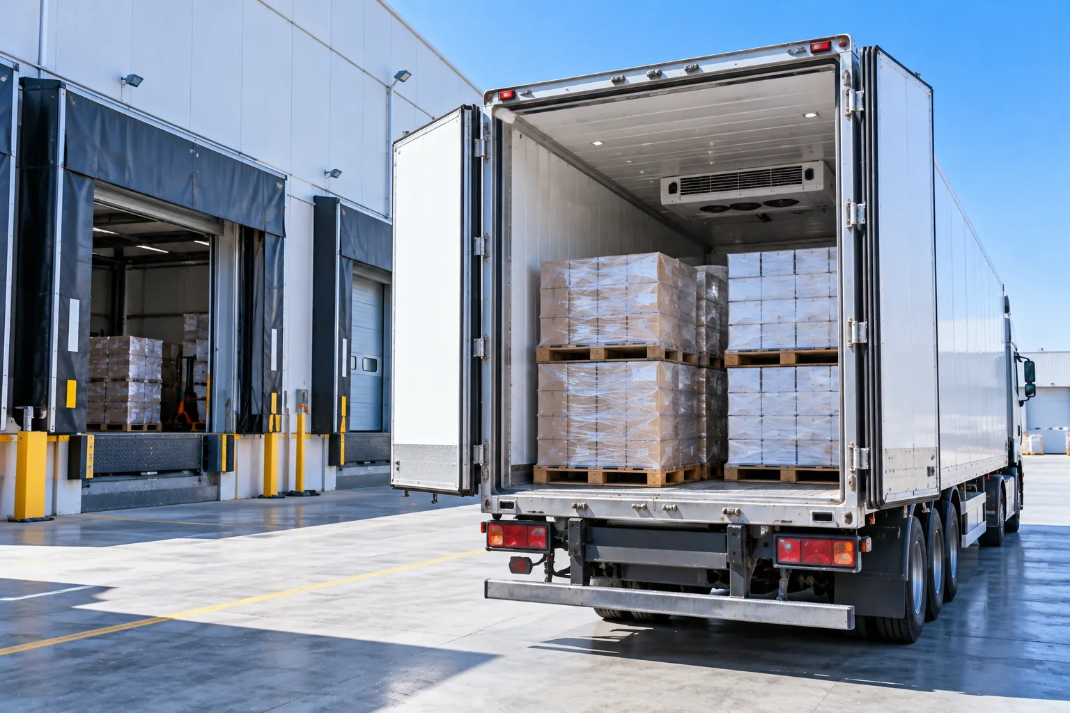 A refrigerated truck with pallets inside is parked at a warehouse loading dock.