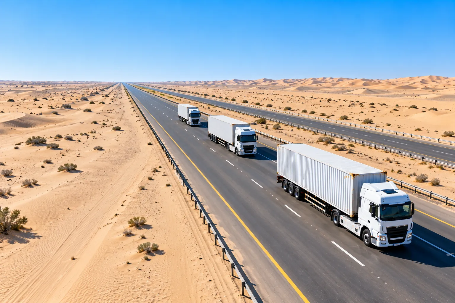 Three white container trucks drive along a desert highway towards the GCC border.