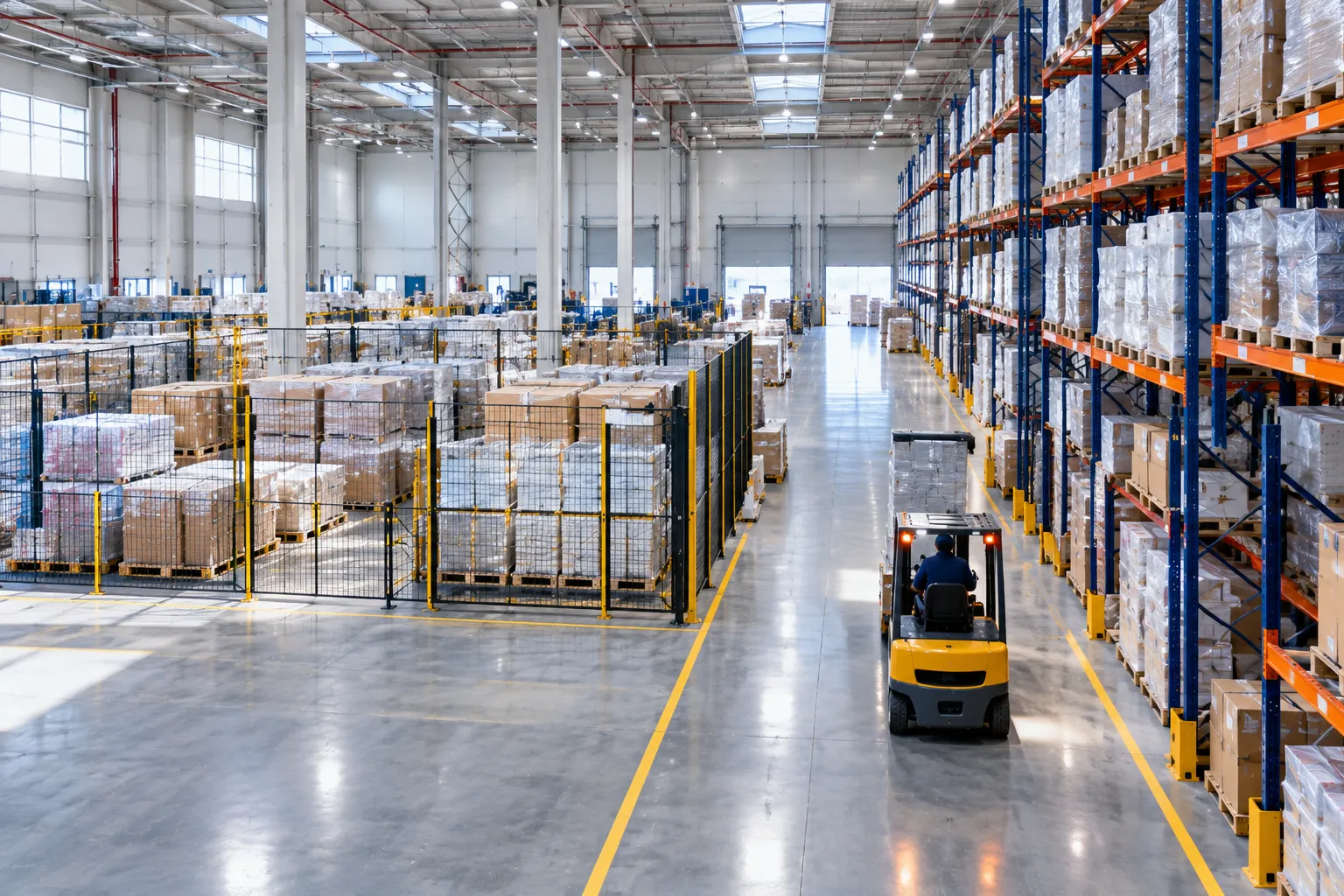 A forklift drives down a bright warehouse aisle lined with racked pallets.