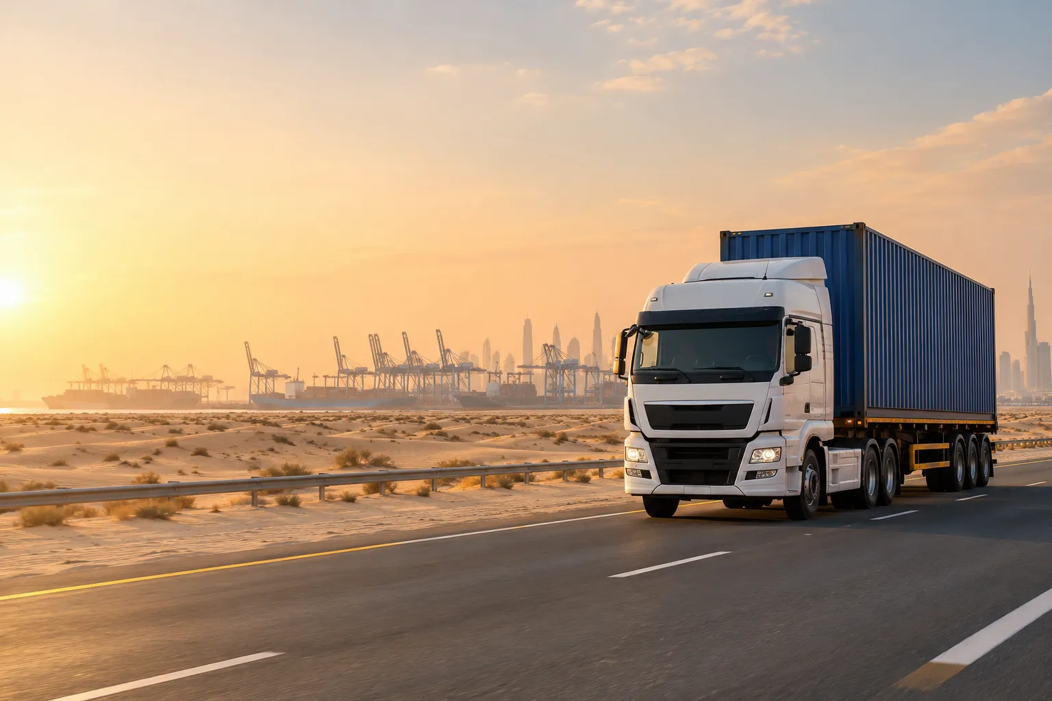 A white truck with a blue shipping container drives along a desert highway at sunset, with port cranes and a city skyline behind.