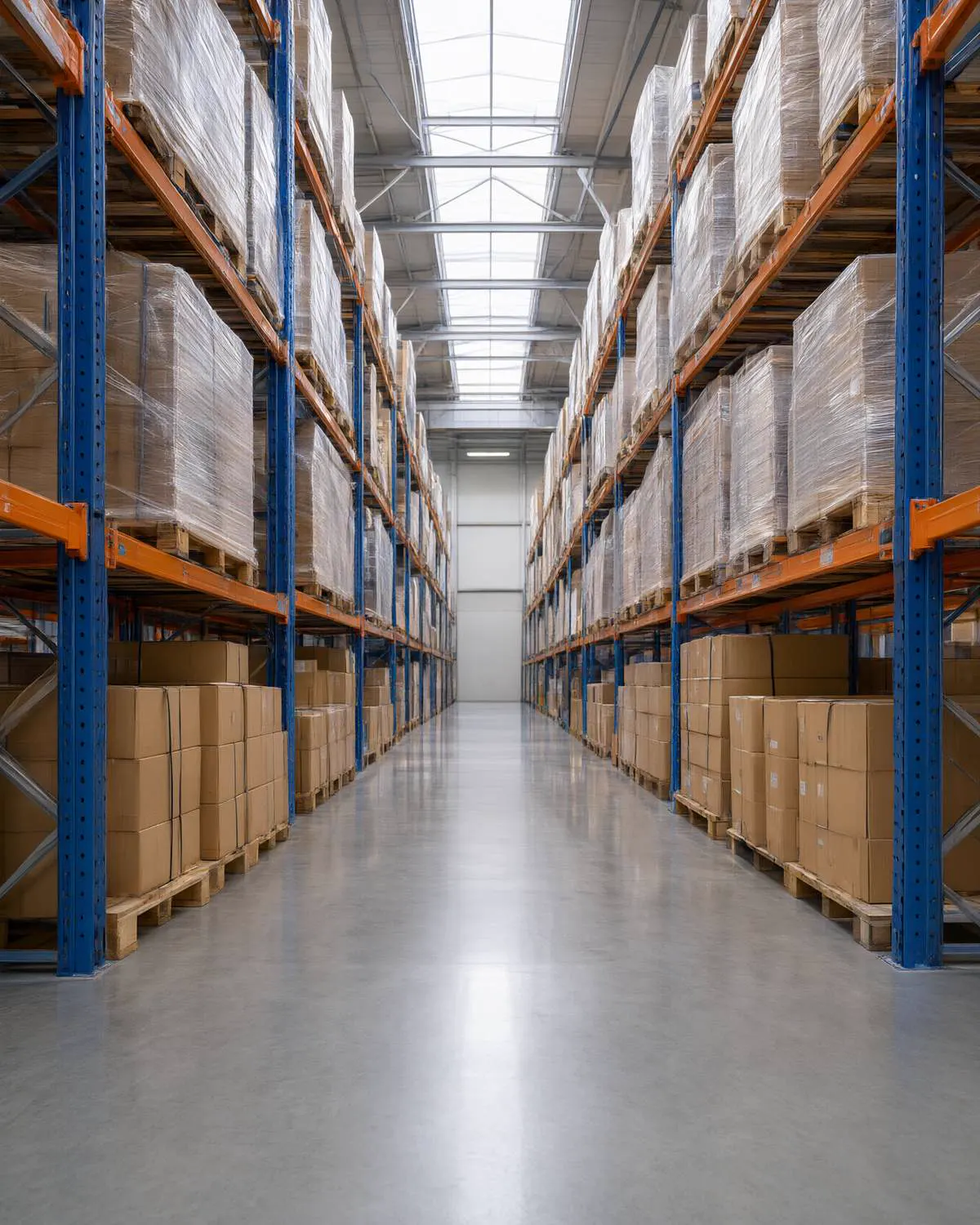 A bright warehouse aisle with pallets on tall racking.