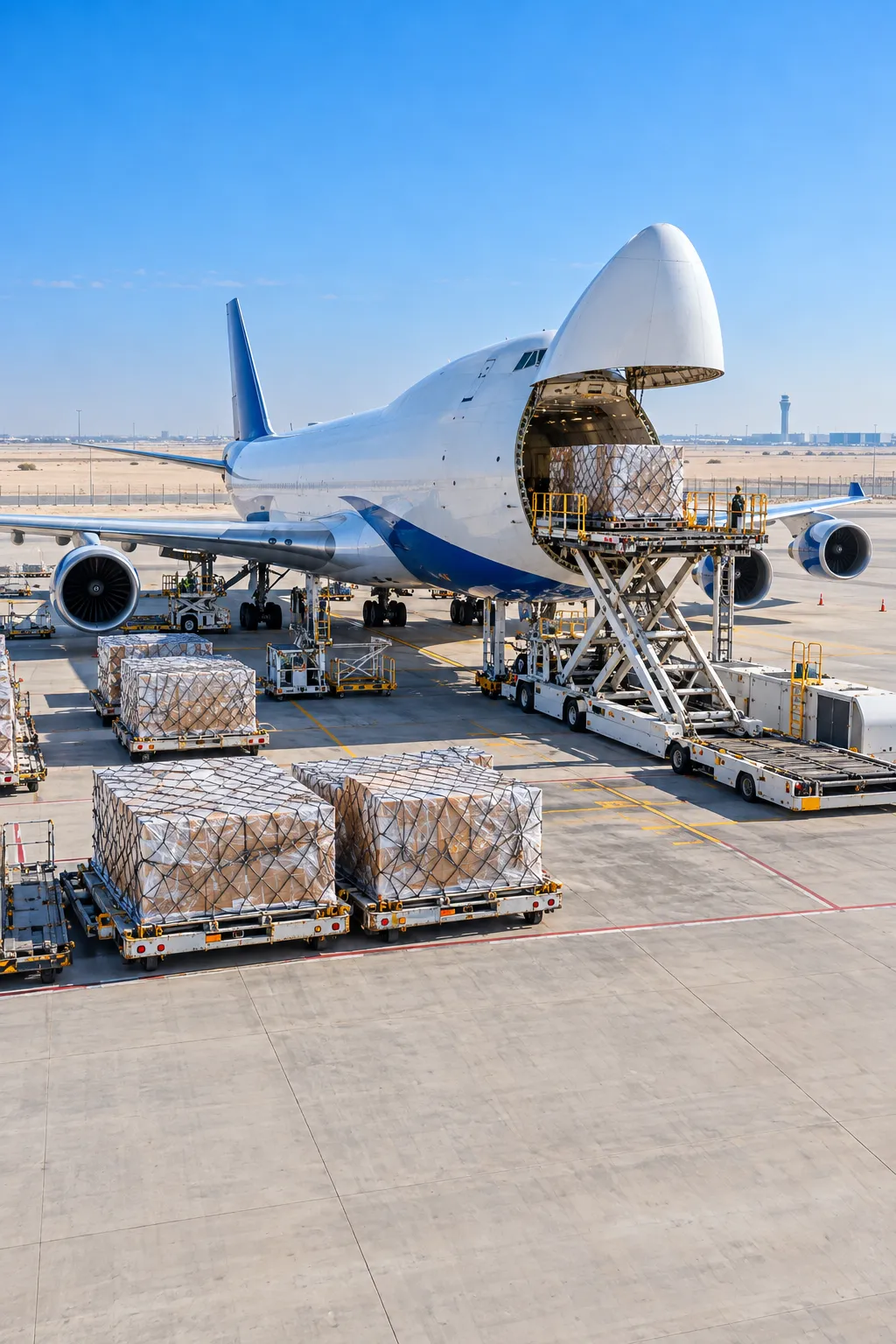 Cargo pallets are loaded onto a freighter aircraft.