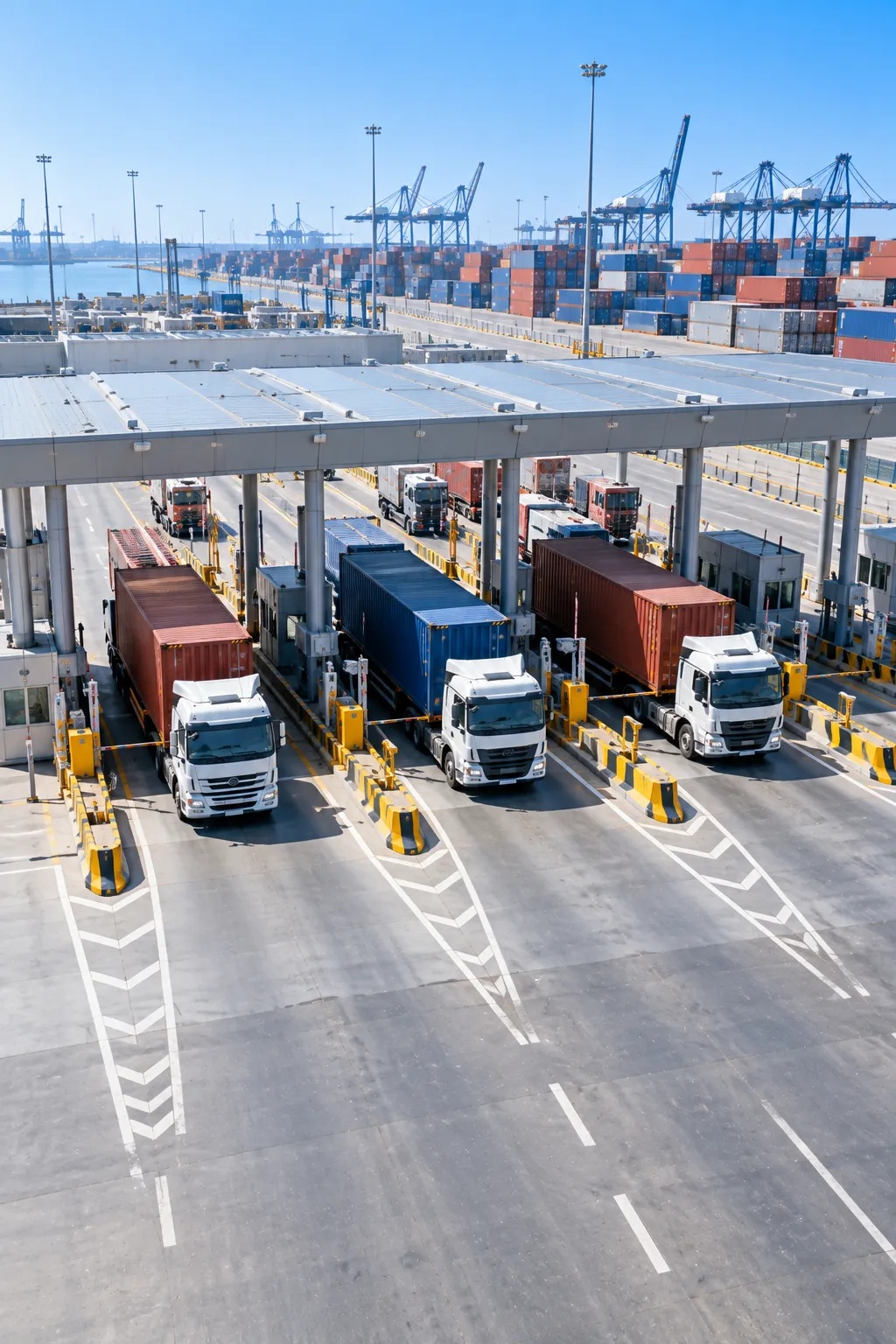 Container trucks wait at a port customs gate.