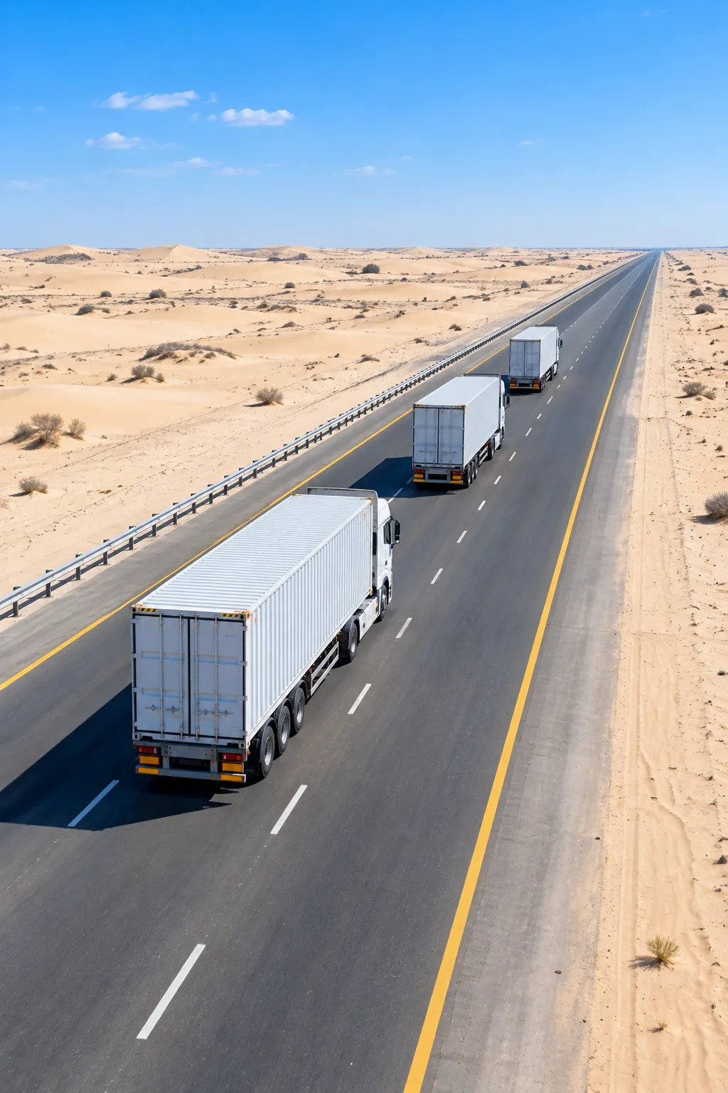A truck carries a container along a desert highway.