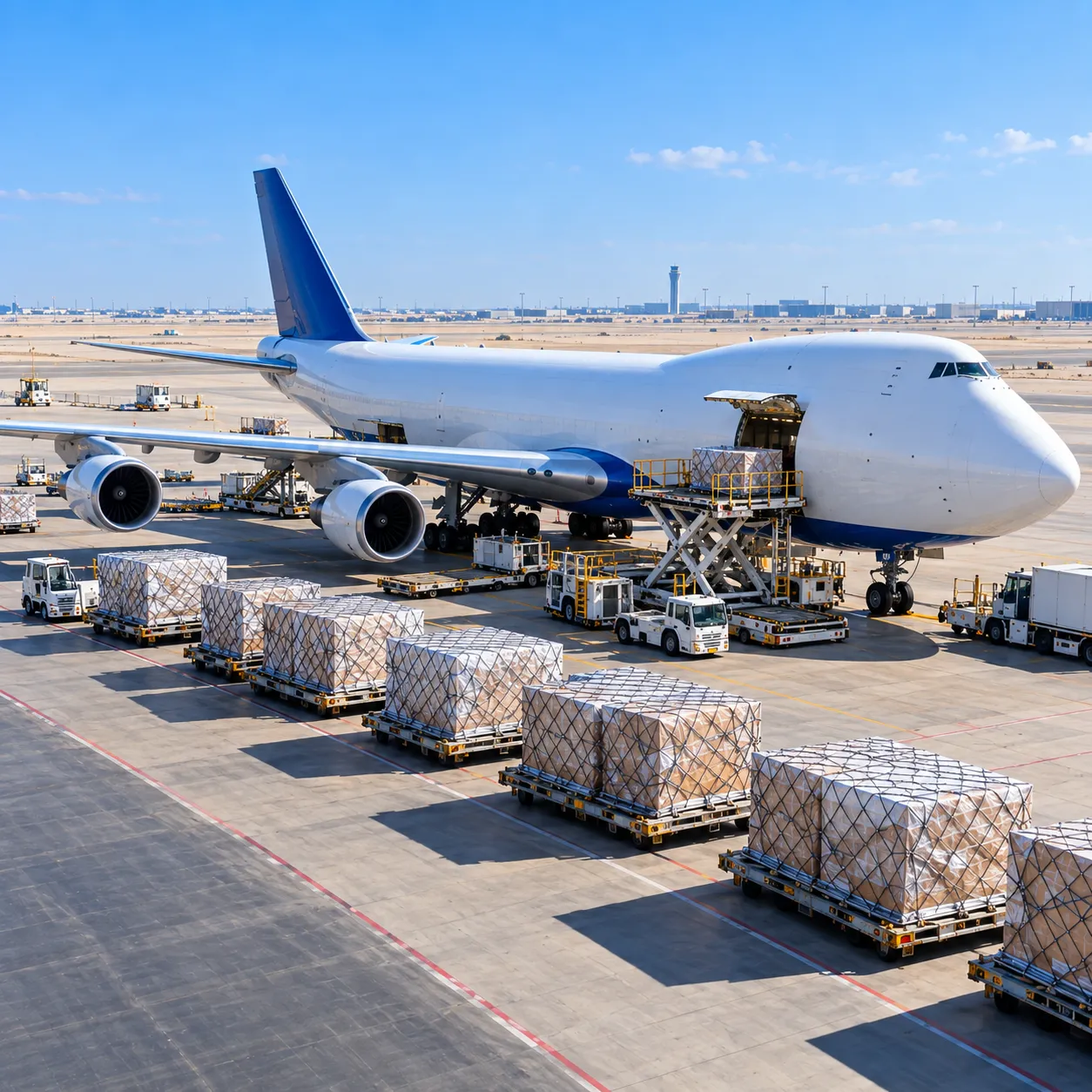 Air cargo is loaded into the hold of a freighter aircraft.