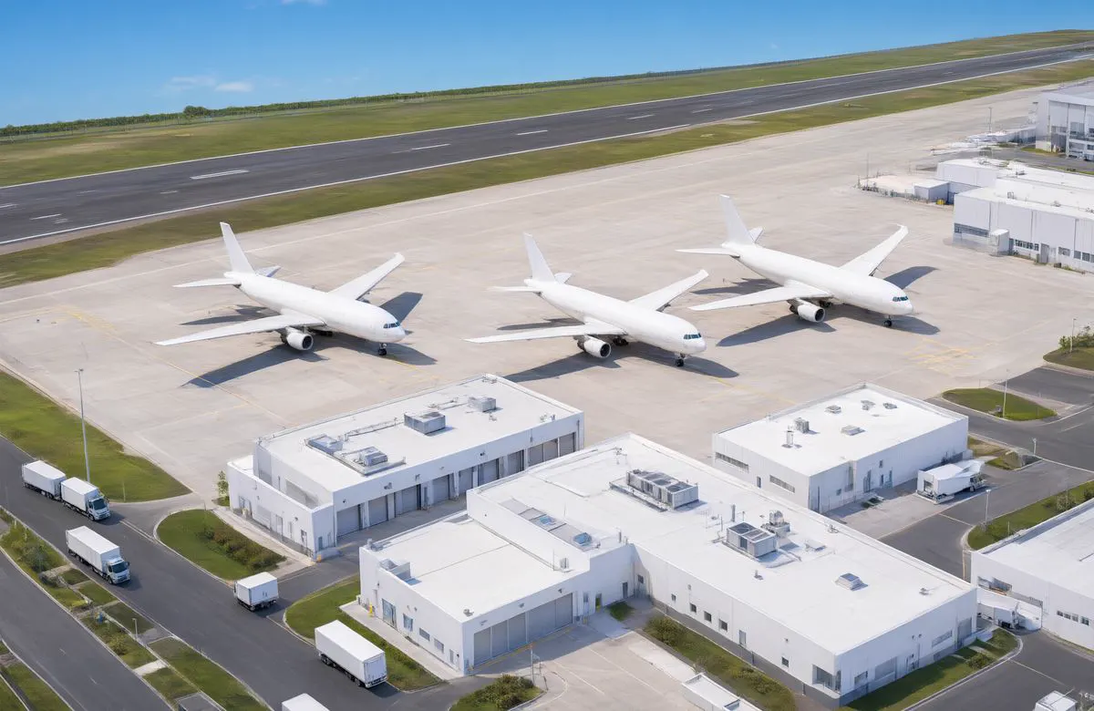 Aerial view of an airport free zone with the runway in view.