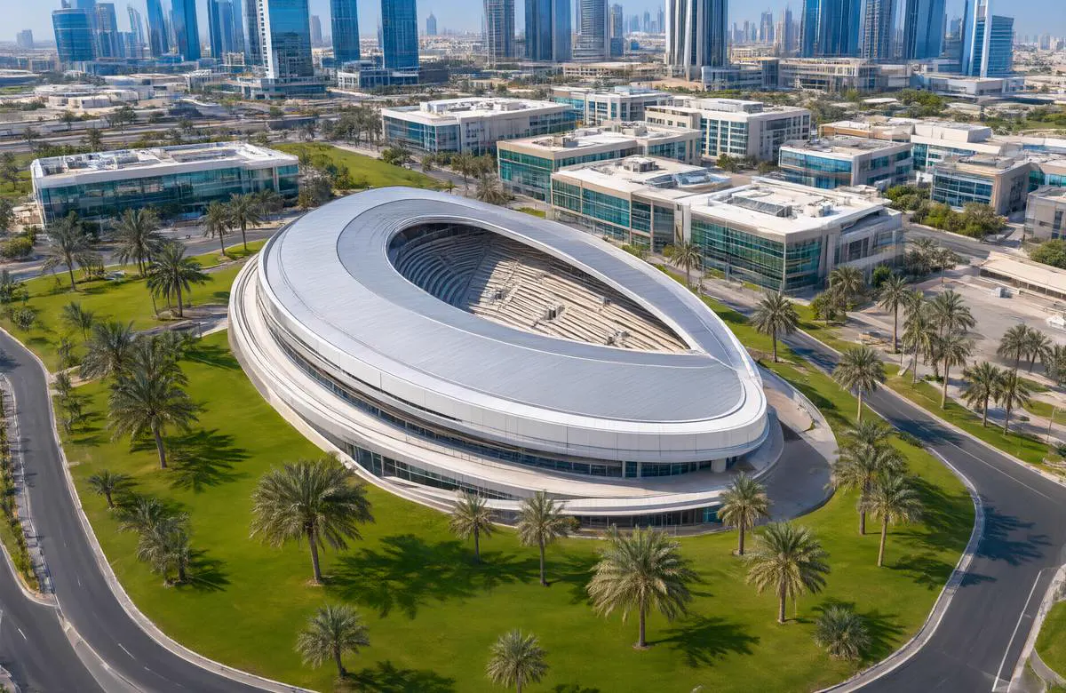 Aerial view of the Meydan district in central Dubai.