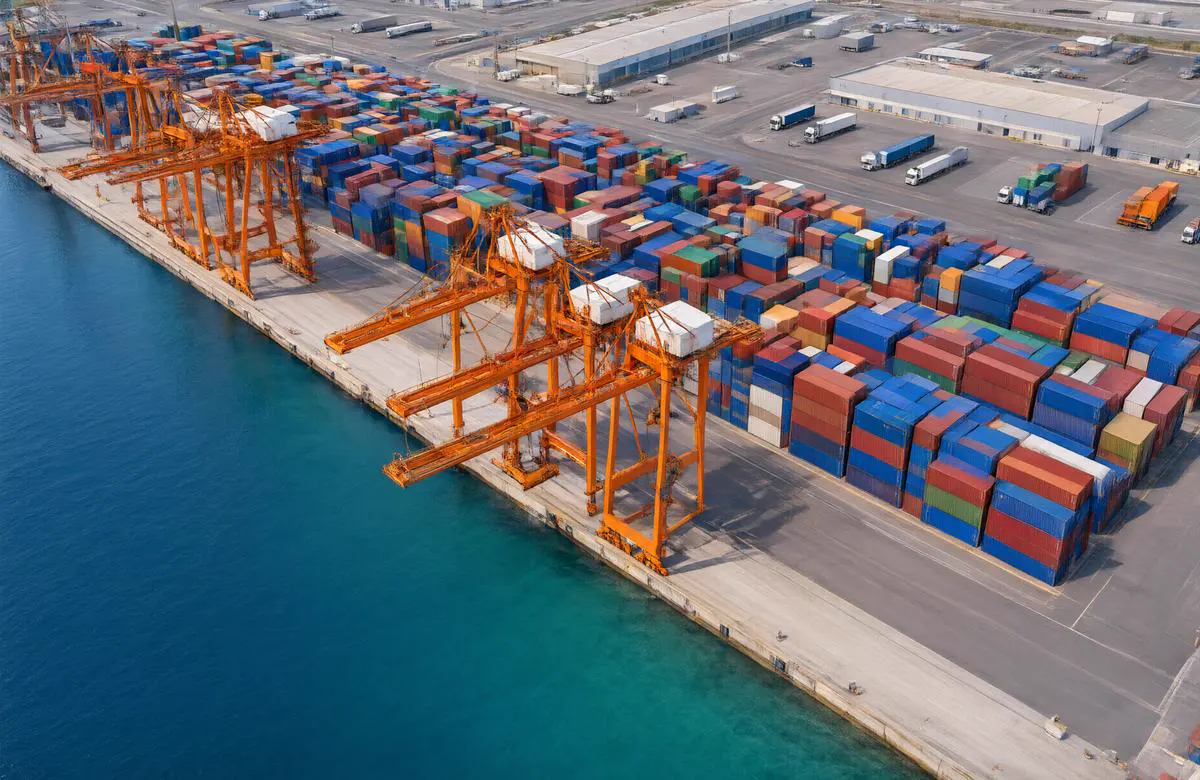 A container port in the neighbouring emirates seen from above.